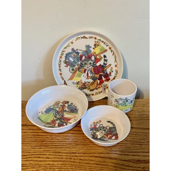 VTG Oneida Deluxe Puss in Boots 4 pc. Cup, 2 bowls and plate Childens Set. CUTE - Picture 5 of 11